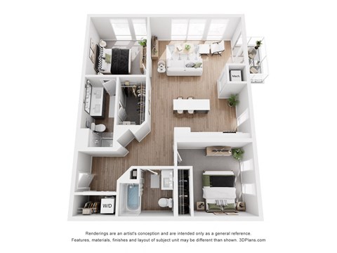 Floor plan for 2 beds, 2 baths, 1097 sqft